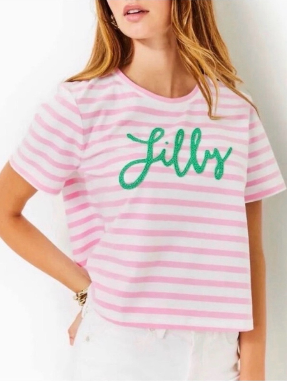 Lilly Pulitzer Pink & White Striped Crop Tee with Green Script